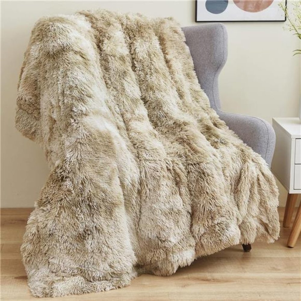 Faux Fur Throw Blanket Tie-dye Beige Super Soft Cozy Plush Fuzzy Shaggy Blanket